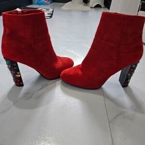 Source Unknown Red Suede Ankle Boots with Jeweled Block Heel